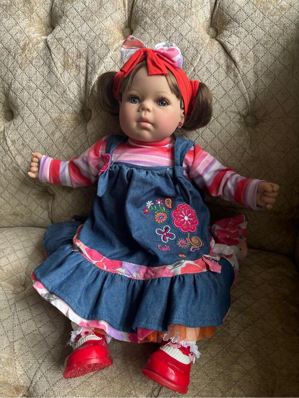 Blue Denim Floral Dress Doll with Pink Striped Top and Red Shoes